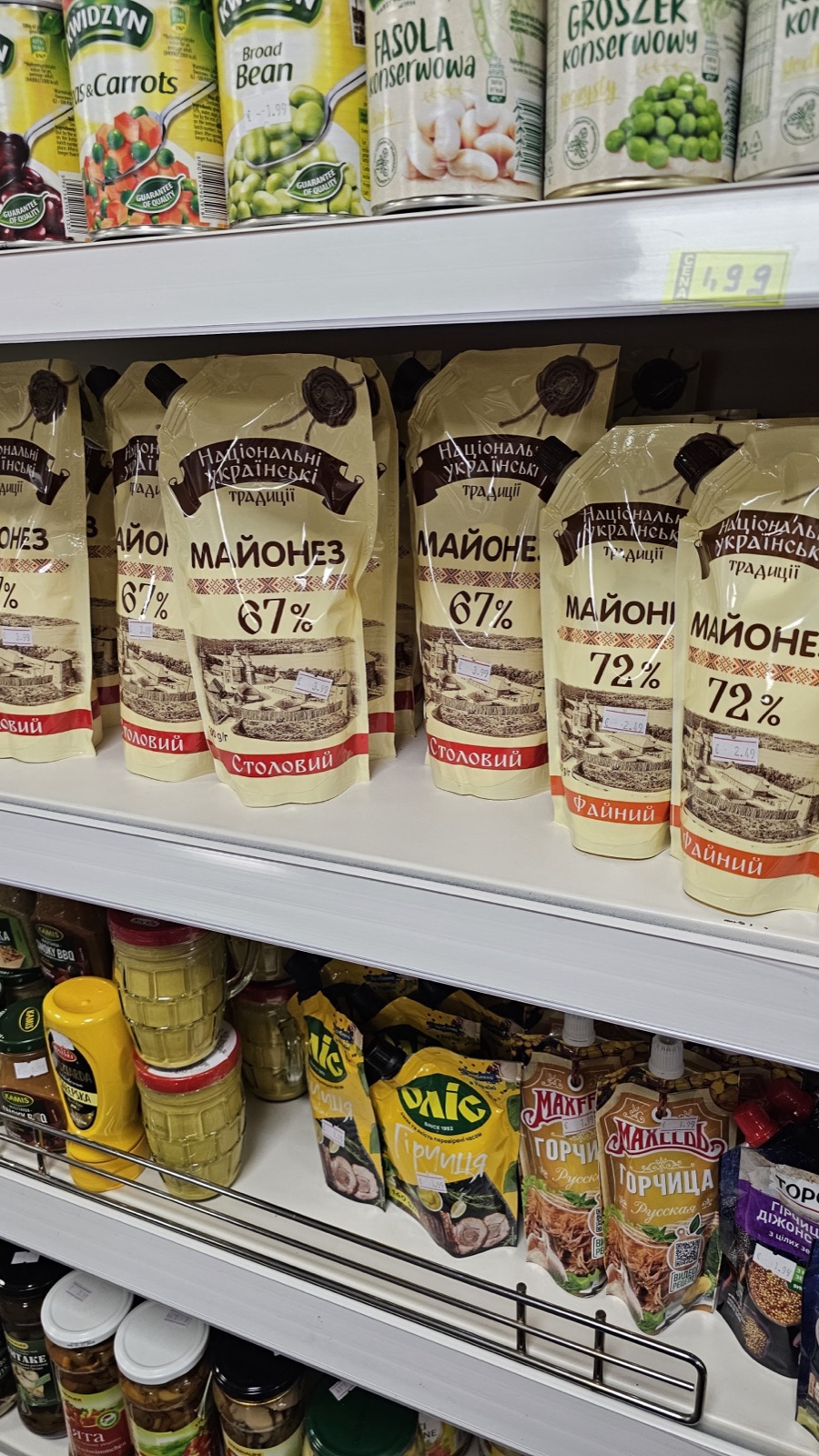 Schap met conserven, mayonaise en sauzen